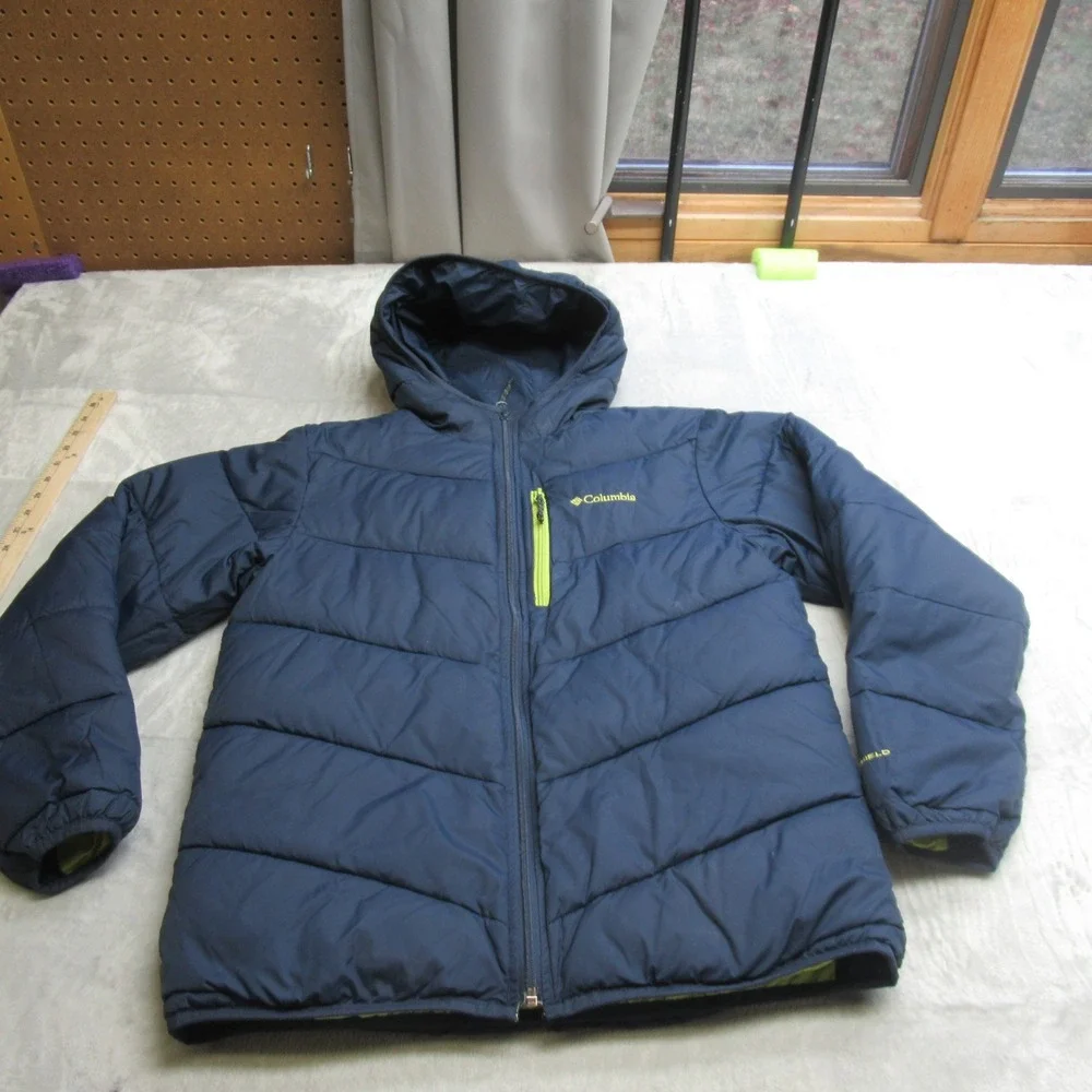 Columbia Jacket Youth Large Green Reversible Rain Wind FullZip Insulated Puffer